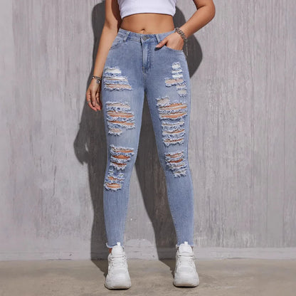High Waist Skinny Jeans Women - Stretch Ripped Light Blue Denim Pants