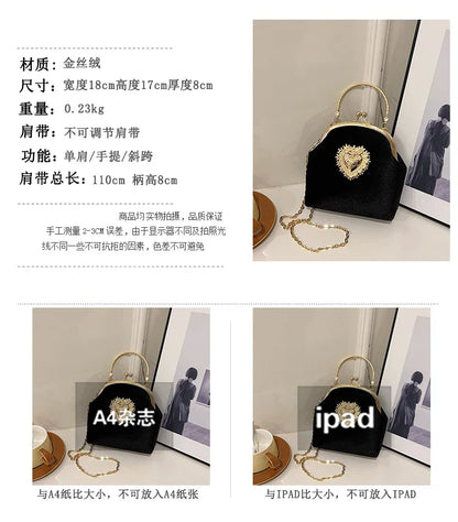 Velvet Frame Heart Dinner Hand Bags Diamonds Chains High Quality Shoulder and Crossbody Bags for Women 2024 Fashion Hot Sale