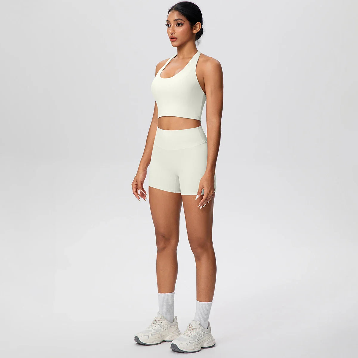 2picese Women Yoga Suit Solid Color High Waist Hip Push Up Fitness Shorts Sexy Pilates Backless Gym Hanging Neck Bra Yoga Set
