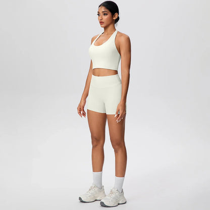 2picese Women Yoga Suit Solid Color High Waist Hip Push Up Fitness Shorts Sexy Pilates Backless Gym Hanging Neck Bra Yoga Set