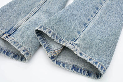 Women's Street Fashion Denim Blue Jeans Distressed Patchwork High Waist Zipper Fly Ripped Retro Long Pants
