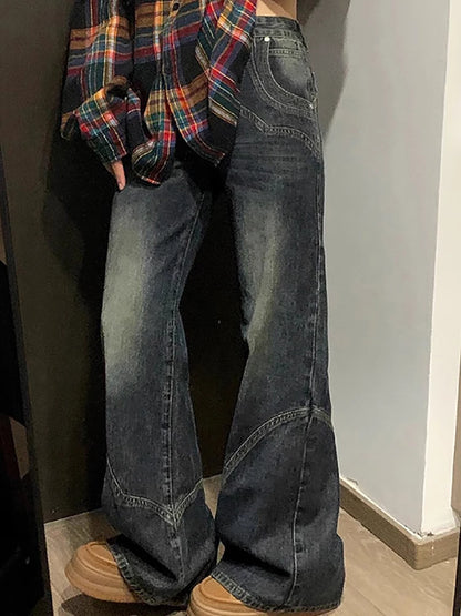 Calça Jeans Y2K Spicy Girl Série Escura Perna Larga Feminina Nova Streetwear Splicing Solta Cintura Alta Modeladora Boca de Sino