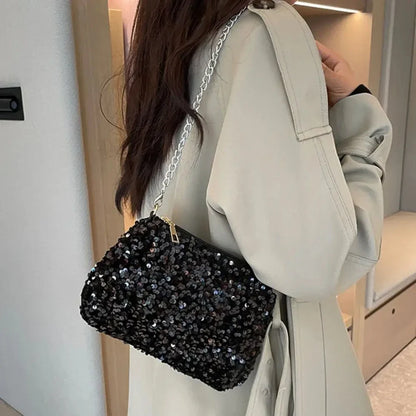 Solid Color Sequins Crossbody Bag Simple Chain INS Small Square Bag Handbag Underarm Bag Evening Clutch Bag Female