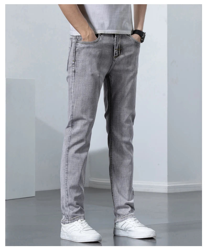 2022 Autumn Spring Fitted Straight Stretch Denim  Classic Style Badge Youth Men's Business Casual Jeans Trousers
