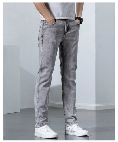 2022 Autumn Spring Fitted Straight Stretch Denim  Classic Style Badge Youth Men's Business Casual Jeans Trousers