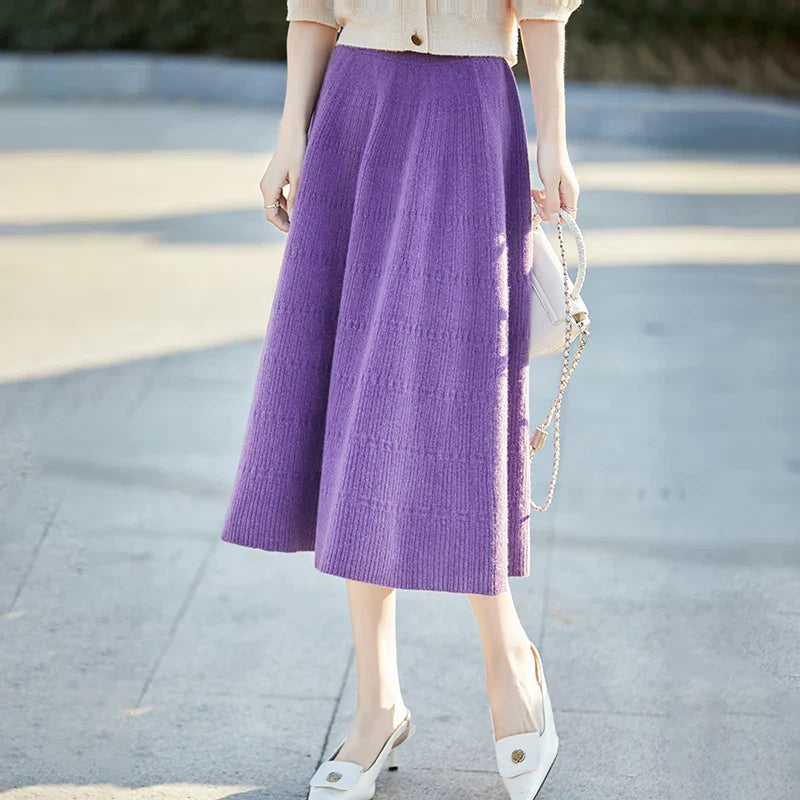 Autumn And Winter High Waist 100% Pure Wool Skirt Female Slim Long Knitted Wool Skirt Loose Wearing A-Line Skirt