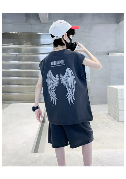 Big Child Cotton Summer Suit for Teens Boy Wing Print Cotton Tshirt + Shorts 2PCS Clothing Set Kids Adult Fashion Street Outfit