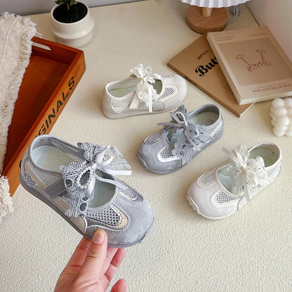 Kids'Casual Shoes Sneakers Mesh Bow Spring Summer Shoes For Girls Anti-slip Breathable Soft Bottom White Silver Shoes Size 23-36