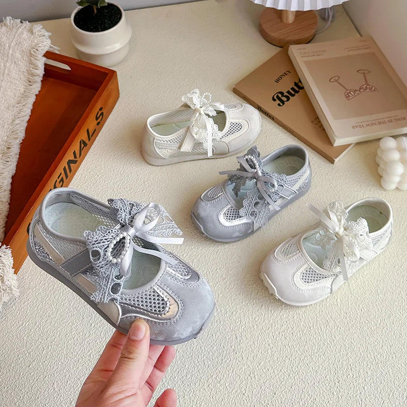 Kids'Casual Shoes Sneakers Mesh Bow Spring Summer Shoes For Girls Anti-slip Breathable Soft Bottom White Silver Shoes Size 23-36