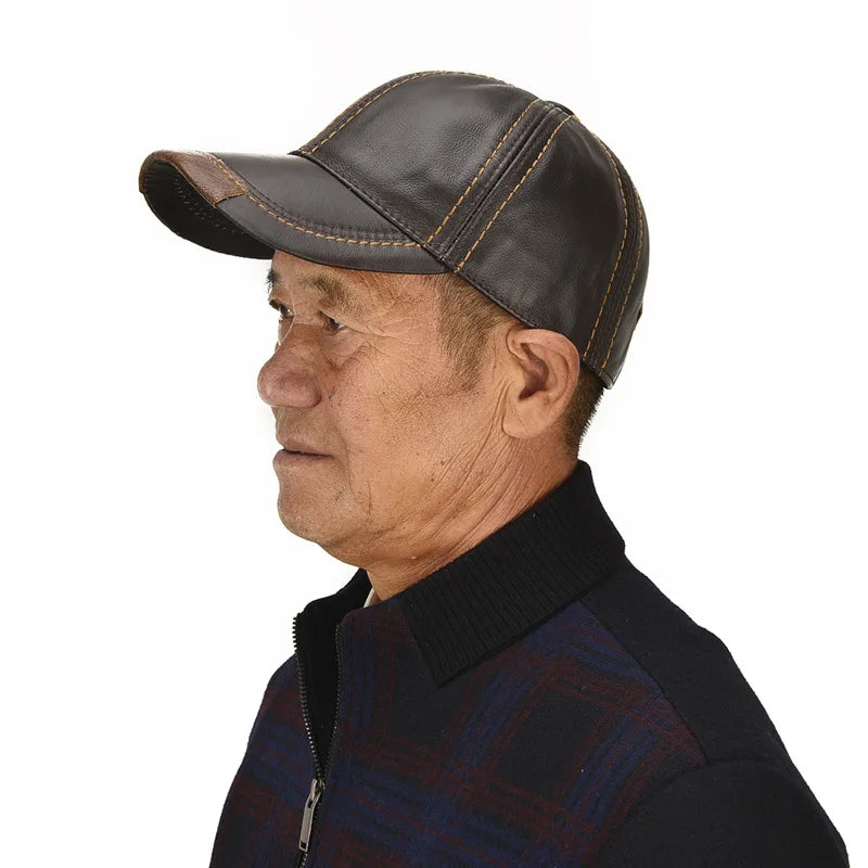 Men Real Cowhide Leather Earlap Caps Male Fall Winter 100% Real Cow Leather Hats New Casual Real Leather Outdoor Baseball Cap