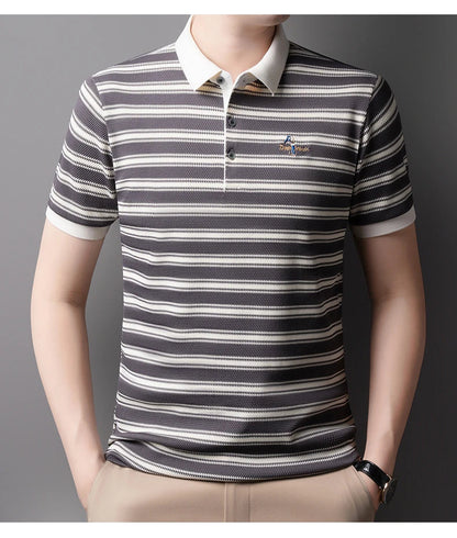 2025 Summer New Men's Polo Shirt Business Casual Collar Short Sleeve Men's Fashion Printed Stripe Half Sleeve Top