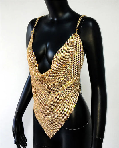 Shiny Rhinestone V Neck Tank Top 2025 Sexy Backless Metal Chain Spaghetti Straps Sling Camisole Women Nightclub Party Crop Top