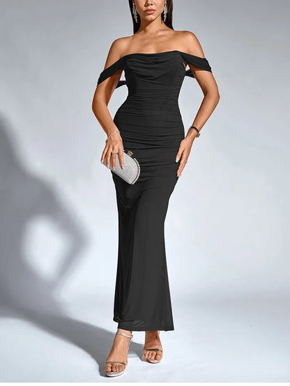 Women's Off Shoulder Ruched Mesh Long Corset Dress Backless Fishbone Bodycon Elegant Fashion Party Club Maxi Dresses