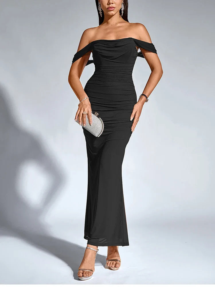 Women's Off Shoulder Ruched Mesh Long Corset Dress Backless Fishbone Bodycon Elegant Fashion Party Club Maxi Dresses