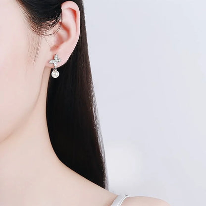 Butterfly Moissanite Diamond Drop Earrings with 8mm Freshwater Pearl 925 Sterling Silver Stud Earring for Women Fine Jewelry