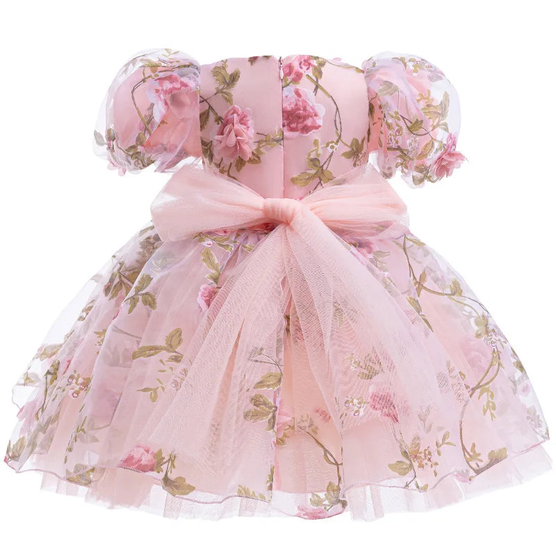 Girls 3D Rose Bubble Sleeves Princess Dress New Children's Fashion Lace Dress Carnival Birthday Party Performance Clothing
