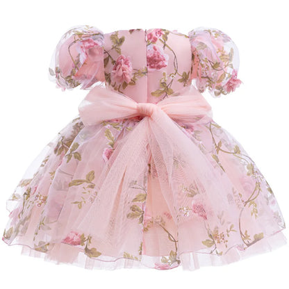 Girls 3D Rose Bubble Sleeves Princess Dress New Children's Fashion Lace Dress Carnival Birthday Party Performance Clothing