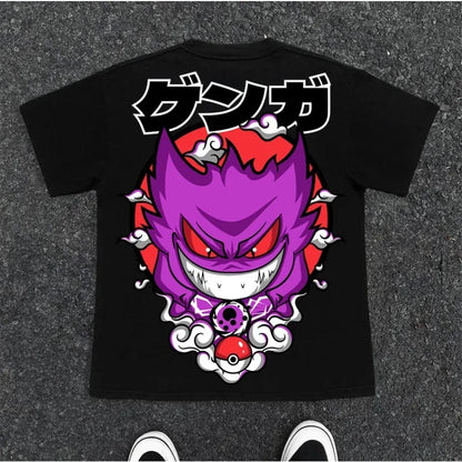 Anime Gengar Front and Rear Printed T-shirt Men and Women Summer Y2K Harajuku Loose Casual Versatile Short-sleeved Top