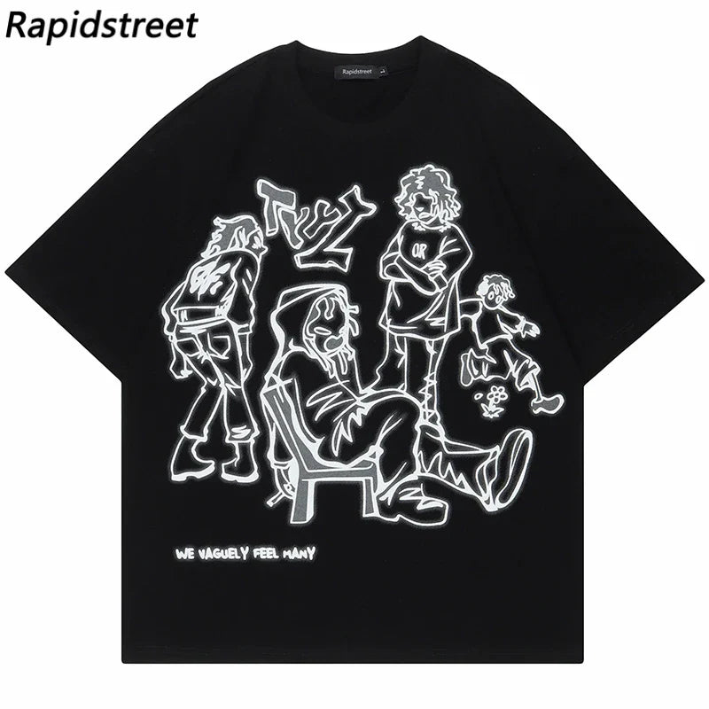 Harajuku Cartoon Girl Cat Japanese Kanji Graphic T Shirt Streetwear Men T-Shirt Summer Short Sleeve Tshirt Tops Tees Unisex
