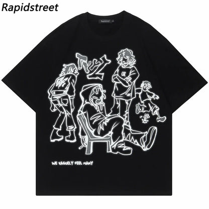 Harajuku Cartoon Girl Cat Japanese Kanji Graphic T Shirt Streetwear Men T-Shirt Summer Short Sleeve Tshirt Tops Tees Unisex