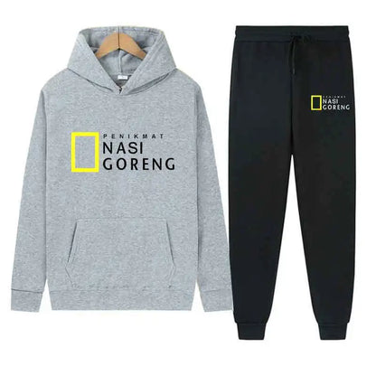 Autumn Men Gray Blue Casual 2PC Sets Trend Hoodie Tops Slim Pants Warm Sweatshirts Street Fashion Concise Printed Sports Suit