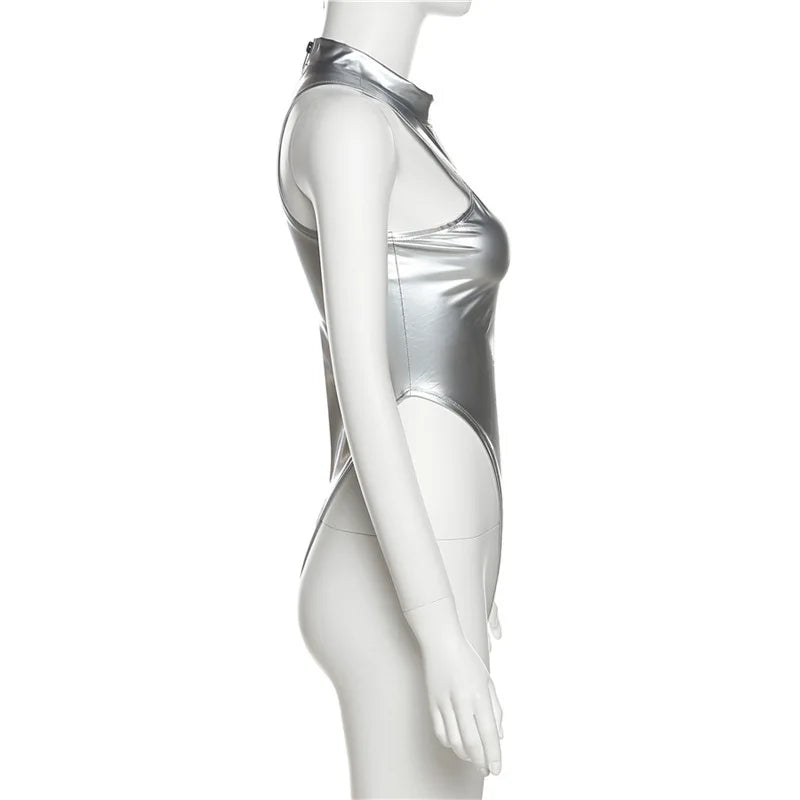 Summer Sleeveless Sexy Bodysuit Slim Silver Y2k Clothes Skinny High Waist One-pieces Women O-neck Hot Bodys Para Mujer De Vestir