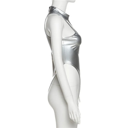 Summer Sleeveless Sexy Bodysuit Slim Silver Y2k Clothes Skinny High Waist One-pieces Women O-neck Hot Bodys Para Mujer De Vestir