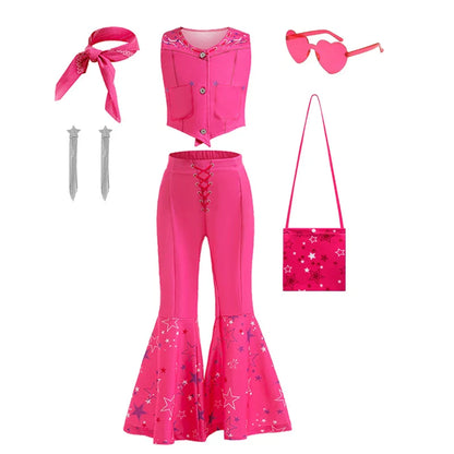 Movie Barbier Halloween Girls Cosplay Costume Peach Princess Dress Vintage Rose Top+Pants+Scarf Street Punk Set Party Clothes