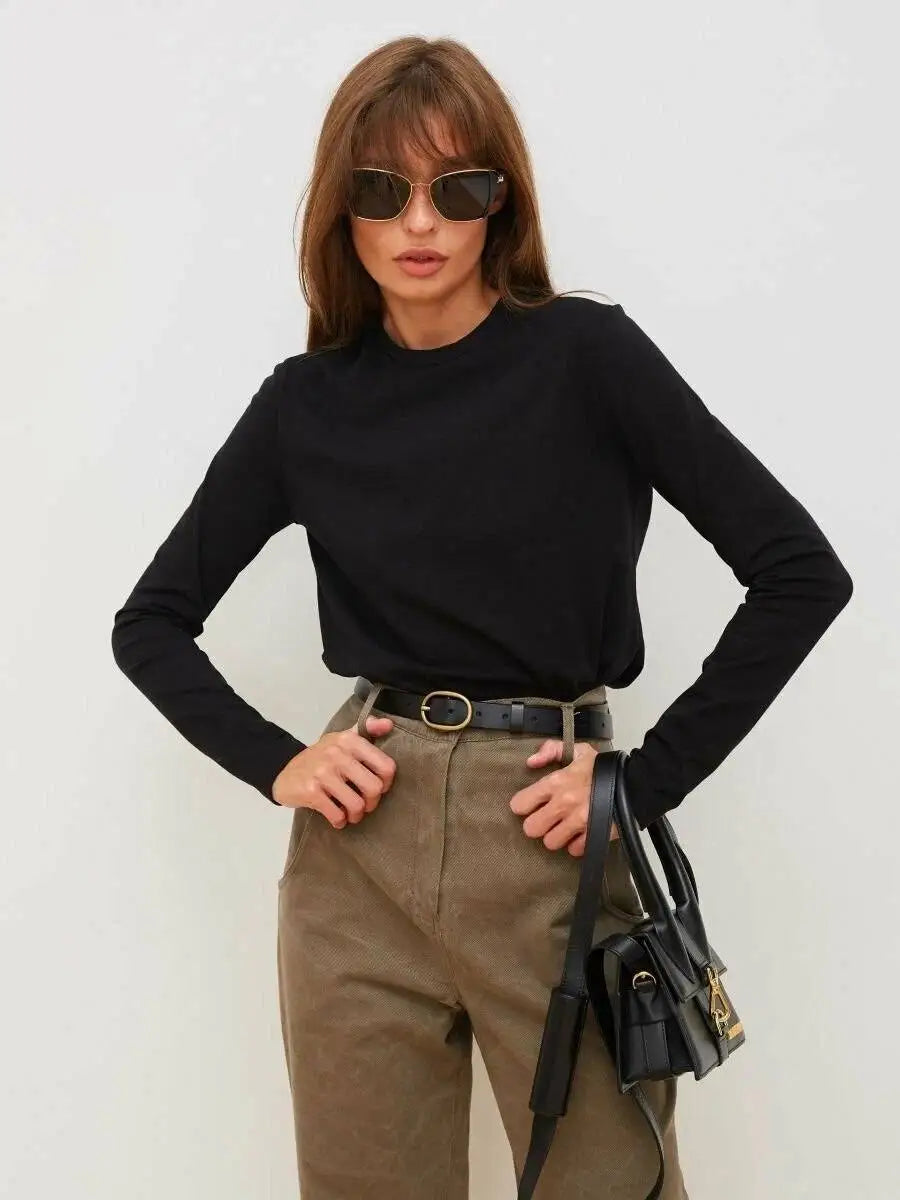 Women's Spring Autumn 100% Cotton T-shirt Bottoming Basic Solid Lady Long Sleeve Loose Tops Shirts Oversized T Shirt