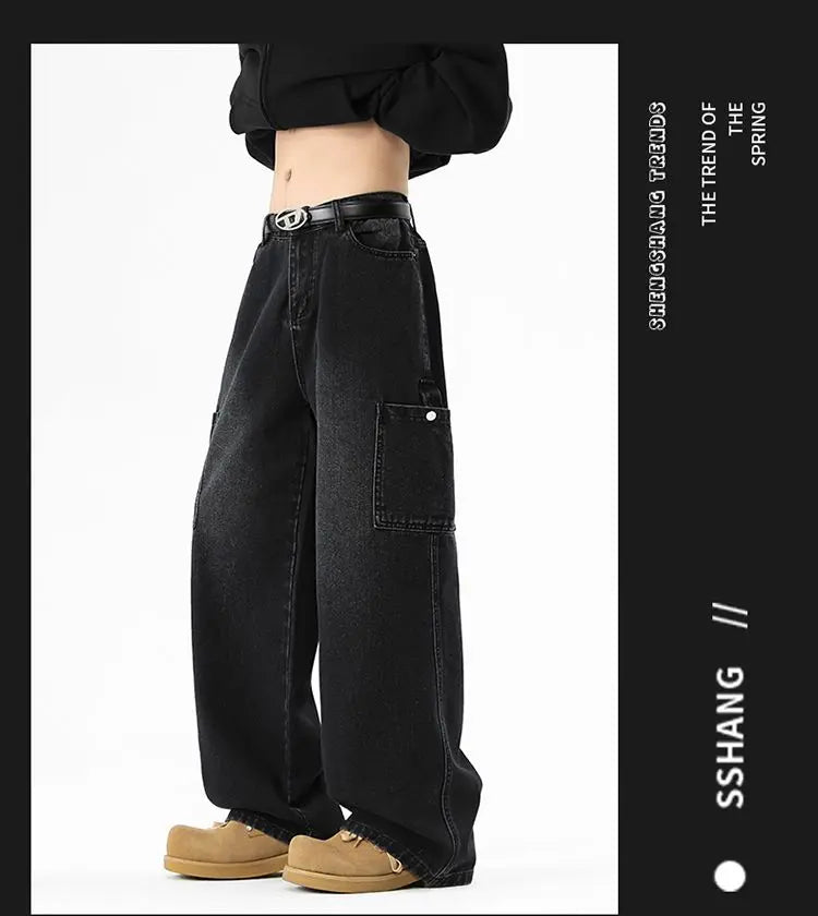 Cargo Jeans Men's Autumn New Vintage Fashion Straight Denim Trousers Casual Wide Personalized Male Clothing Pants Men Denim