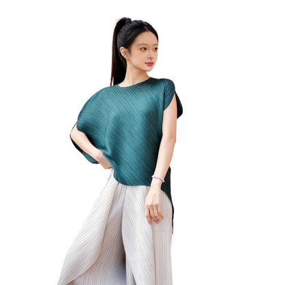 Miyake pleated high-end design fashionable irregular solid color round neck top for women