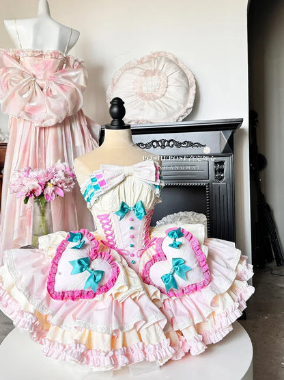 Girls Birthday Lolita Dress 2024 Spring and Summer Women's Tube Top Satin Bowknot Slim Pettiskirt Short Mini Party Dress