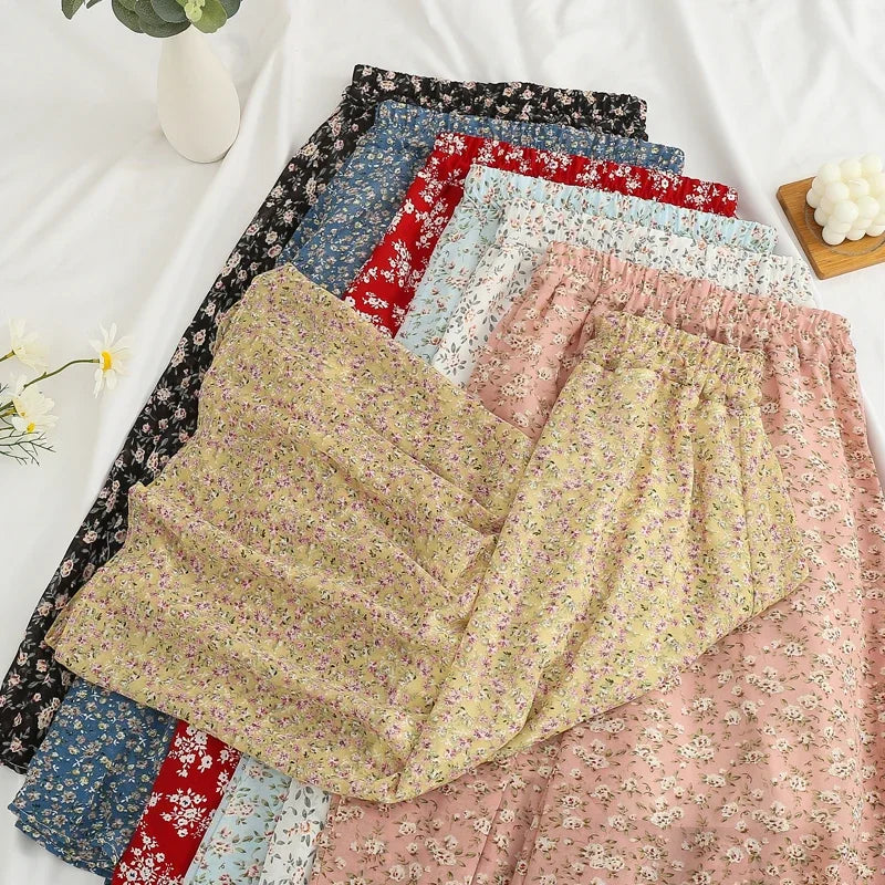 Women's Summer Skirts Vintage Floral Printed Chiffon Skirts High-waisted Elastic Waist Relaxed Mid-length Skirts Beach Skirts
