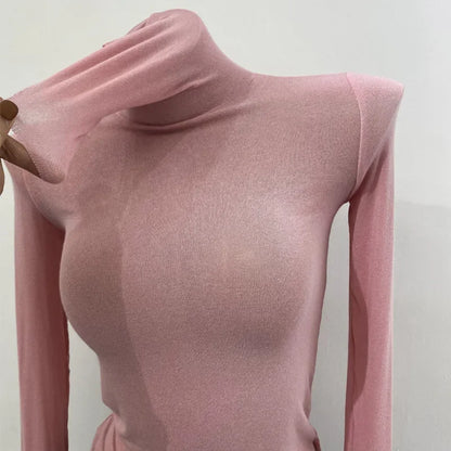 Slim High Quality Plain T Shirt Women Cotton Elastic Basic Female Tops Long Sleeve Sexy Thin T-shirt see through