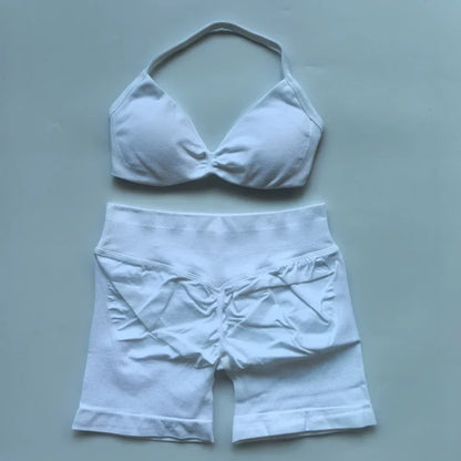 NO LOGO 2PCS Gym Set Women Strappy Yoga Bra Top High Waist Workout Scrunch Shorts Sports Suit Seamless Yoga Set Fitness Clothes