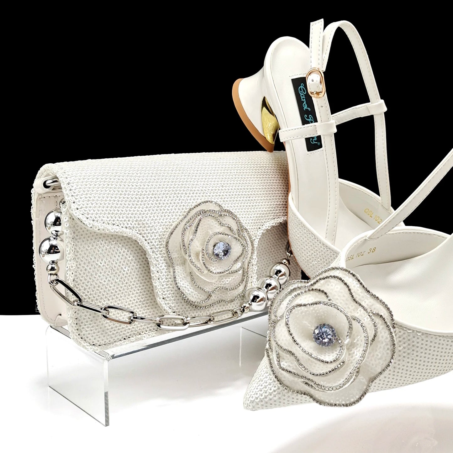 New Arrival Fashion Flower Design Party Wedding Royal Blue Color Pointed Toe Women Shoes and Bag Set Decorated With Rhinestone