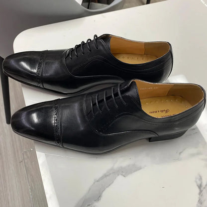 Genuine Leather Oxford Dress Shoes Men Lace Up Cap Toe Office Wedding Shoes Black Brown Brogue Pointed Oxfords Formal Shoes Men