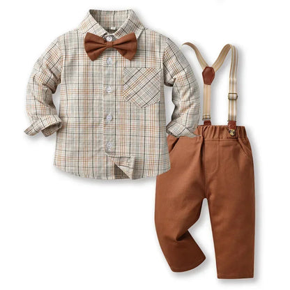Boy Autumn Cotton Long Sleeve Plaid Shirt and Strap Pants Set Boys' Strap Pants Set Boy Red Pants and Shirts for 70cm-160cm