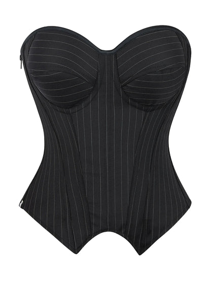 Black Striped Zipper Overbust Corset and Bustier Shapewear Top for Women Office Lady Corselet