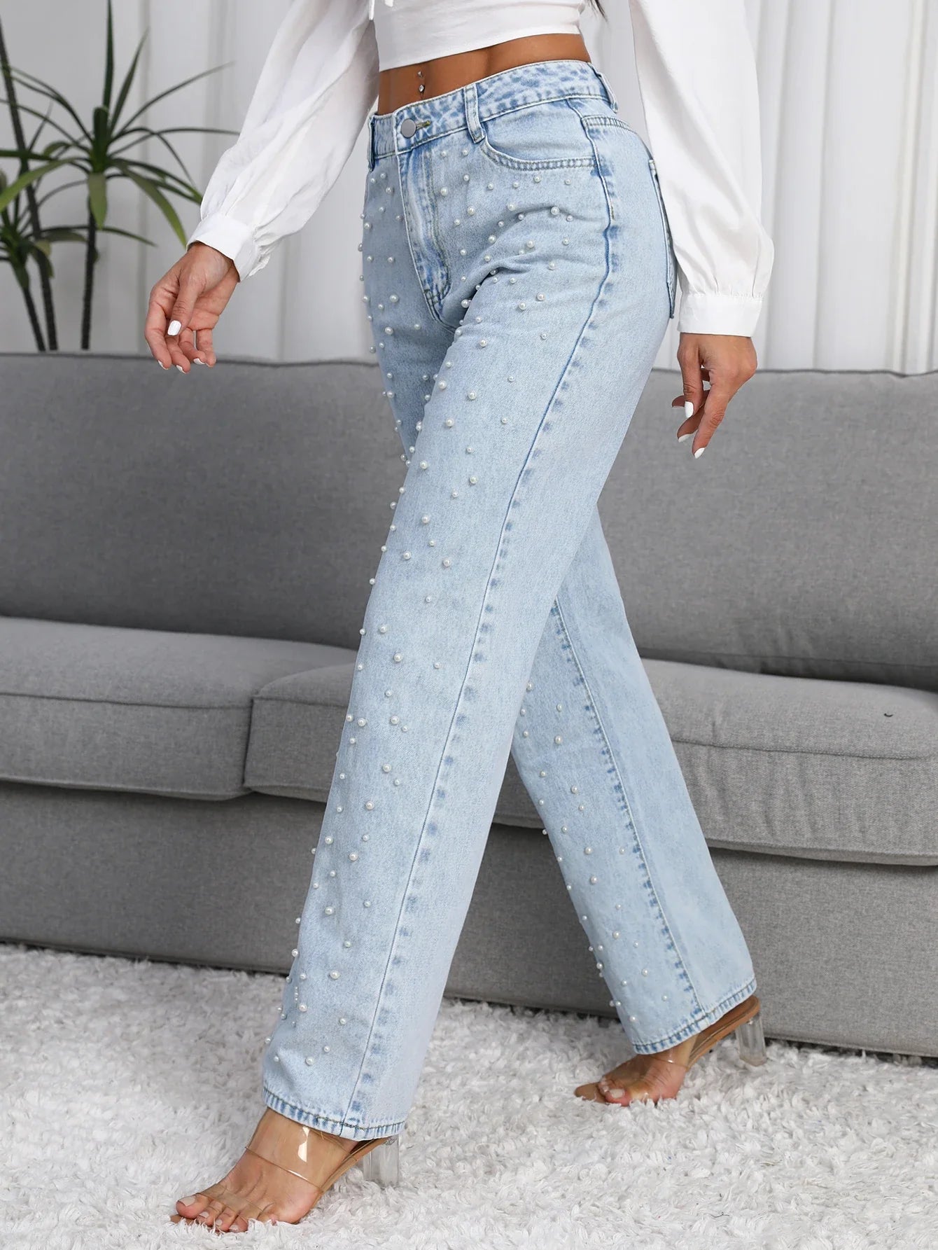 Women Straight-Leg Denim Jeans with Fashion Faux Pearl Detail