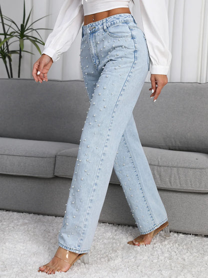 Women Straight-Leg Denim Jeans with Fashion Faux Pearl Detail