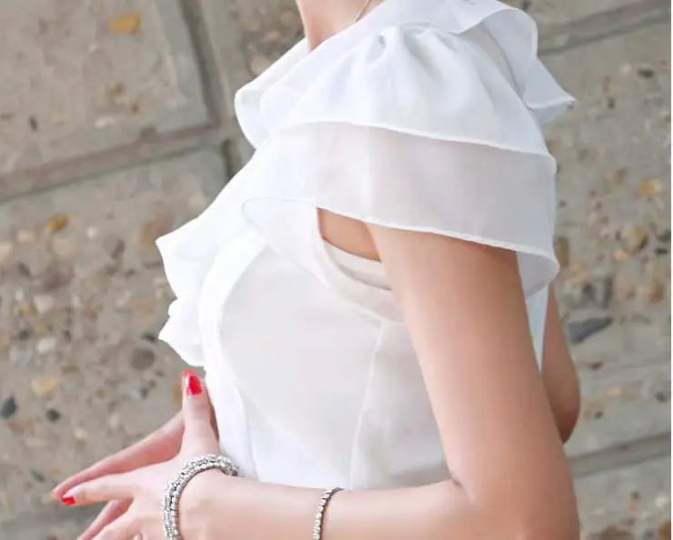 1pcs Woman Summer Korean Ruffled Shirt Lady Chiffon Lotus Leaf Sleeves Turndown Collar Slim Fit Shirt Female Business Attire Top