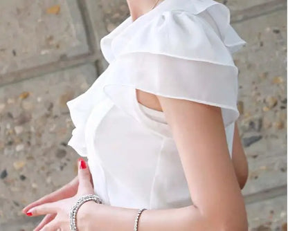 1pcs Woman Summer Korean Ruffled Shirt Lady Chiffon Lotus Leaf Sleeves Turndown Collar Slim Fit Shirt Female Business Attire Top