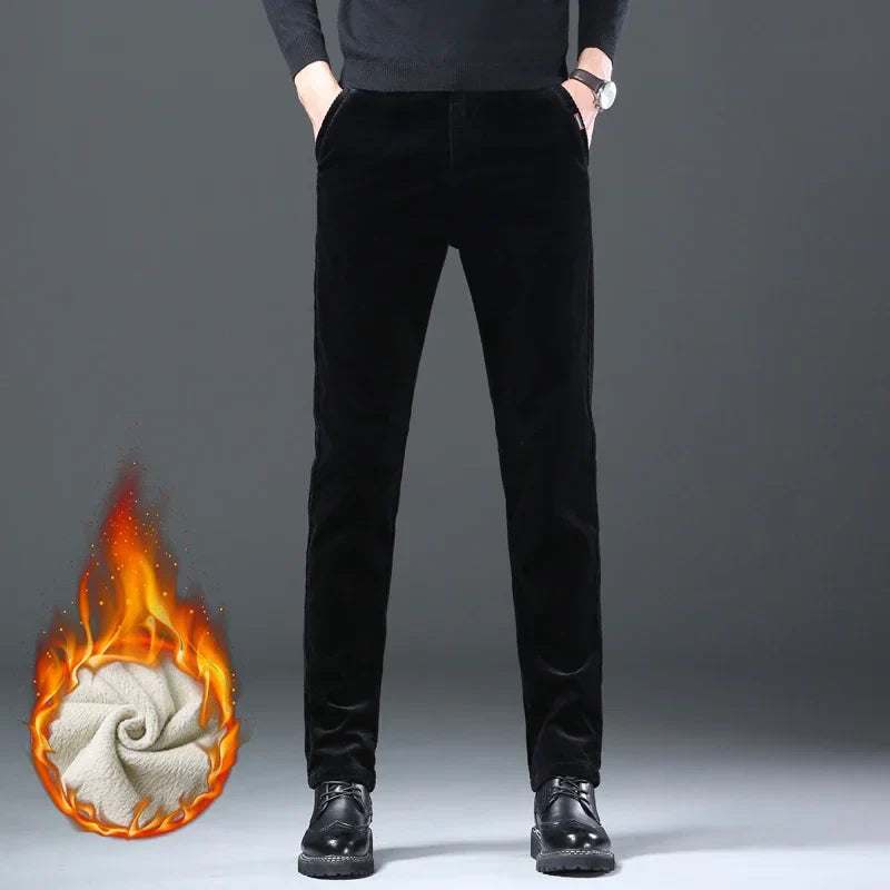 Fleece Winter Brand Men Clothing Corduroy Pants Warm Business Slim Velvet Korean Casual Trousers Male Plush Pants