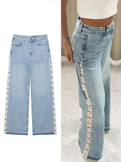 Side Lace Hollow Out Patchwork Jeans High Waist Wide Leg Denim Pants