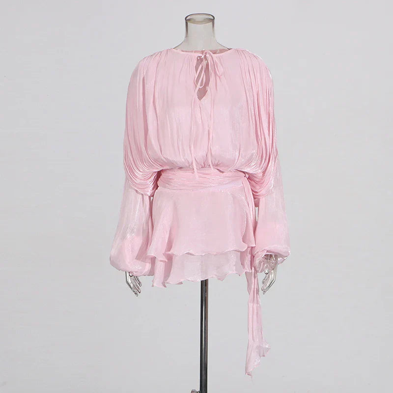 Solid Loose Splicd Lace Up Dresses For Women V Neck Long Sleeves Patchwork Ruffles Tunic Dreses Female Fashio New