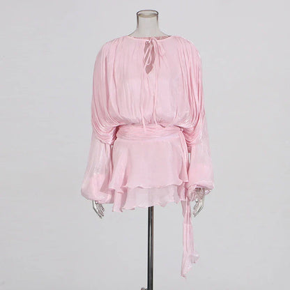 Solid Loose Splicd Lace Up Dresses For Women V Neck Long Sleeves Patchwork Ruffles Tunic Dreses Female Fashio New