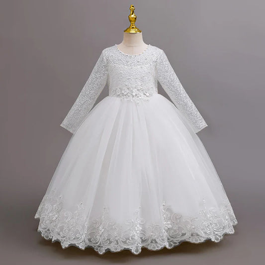 New Flower Girl Wedding White Lace Dress Elegant Girl Beauty Pageant Princess Long Dress 4-12-year-old Summer Children's Clothin
