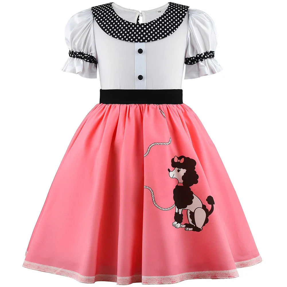 Girls Party Dresses Summer Dress Poodle Print Polka Dot Vintage Dress With Scarf Outfit Girls Casual Summer Dresses Birthday
