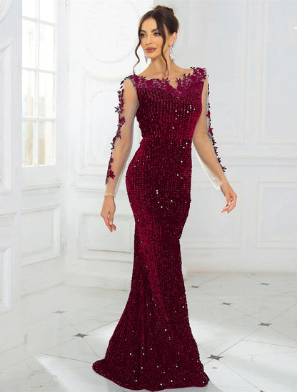 Vestido Longo Elegante de Noite em Veludo com Renda e Paetês, Costas Abertas, Vazado, Manga Comprida, para Formatura e Festa de Casamento